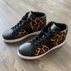 New Michael Kors Size 7 Leopard Leather Chapman Embellished High Top Sneakers
